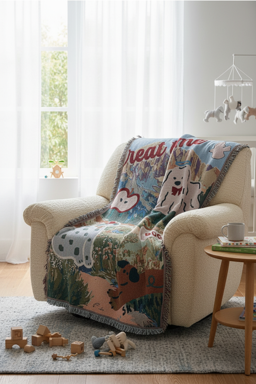 Whimsical Dog Jacquard Tapestry Wall Hanging – 90×130cm Custom Pattern | OEM Weaving Jacquard Tapestry