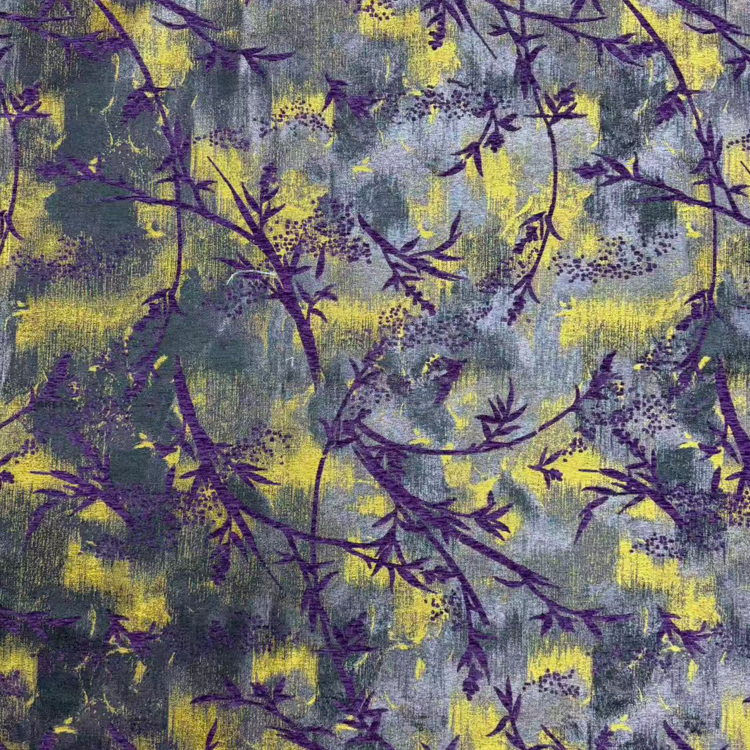 Artistic Floral Chenille Jacquard Fabric - Purple & Yellow Botanical Pattern for Upholstery & Fashion Jacquard Fabric Swatches