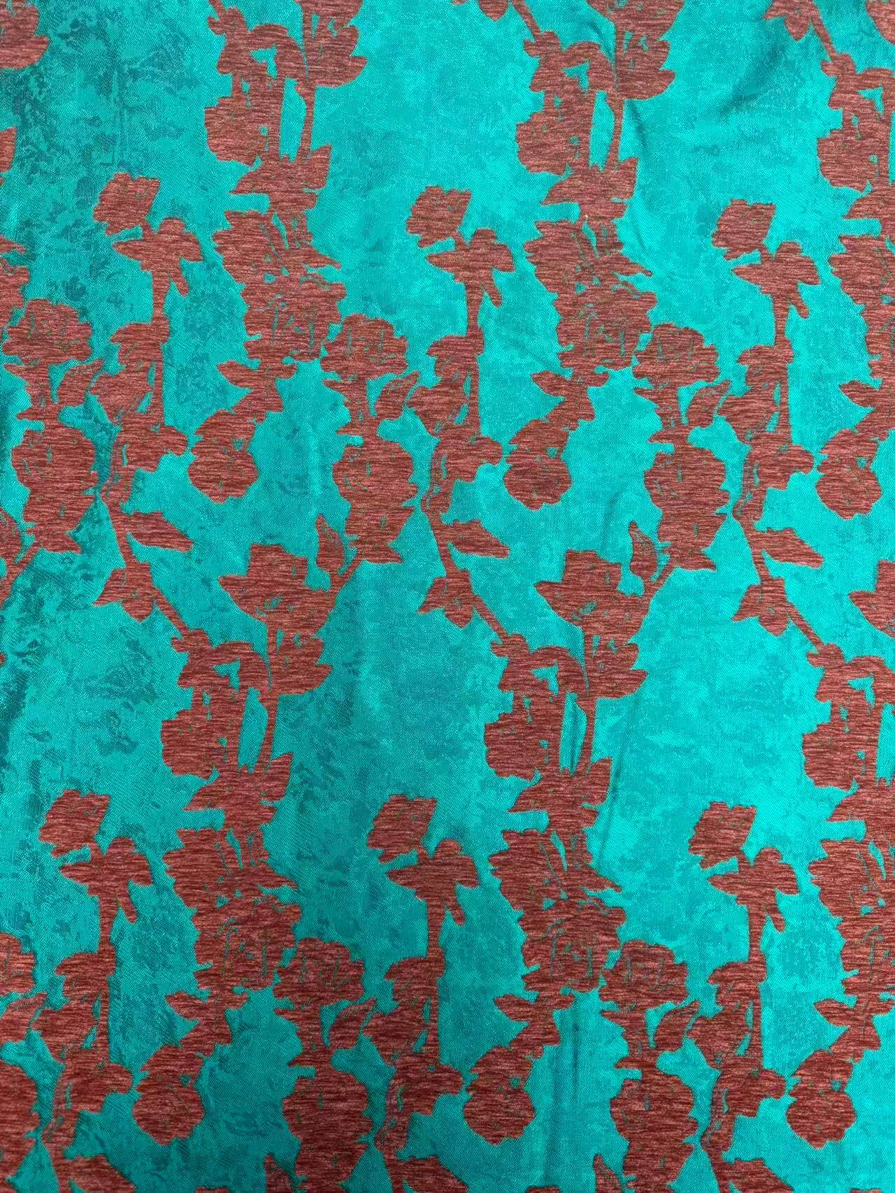 Vibrant Turquoise & Copper Floral Chenille Jacquard Fabric - Luxury Statement Textile Jacquard Fabric