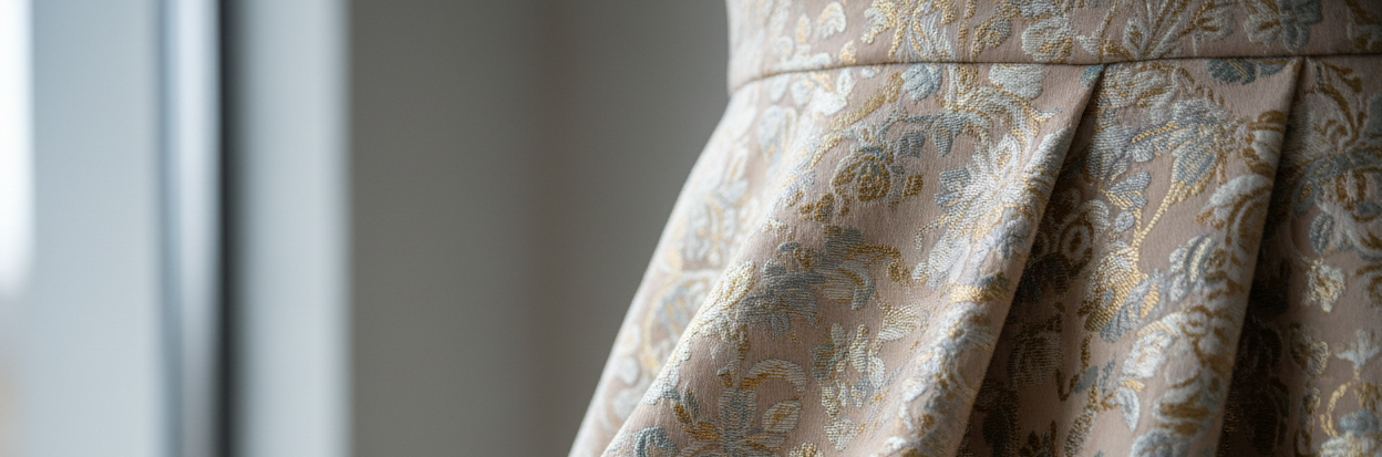 High-quality close-up of jacquard fabric draped on a garment seam, showing intricate woven pattern and soft drape, fashion garment context, natural light, shallow depth of field, premium textile photography style, neutral background